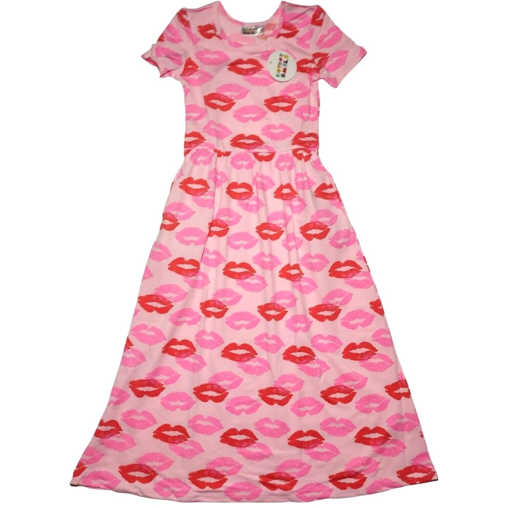 Dot Smile Girls Sz 5 6 Pink Kiss Lips Maxi Dress Short Sleeve Pockets Long NWT